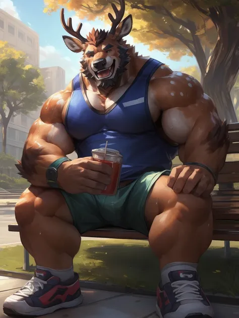 lindong, lucusold, a man with a huge muscle, furry deer wearing shorts and tank top, shoes, holding mineral water, sweat, brown furr, sitting in bench, park, ((muscular, sixpack)), happy, laugh, bearded , thicc, lowres, giant and muscular, danbooru and art...