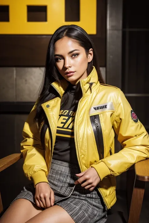 arafed woman sitting on a chair wearing a yellow jacket and a gray skirt., additional details, additional detail, extra sharp, e...