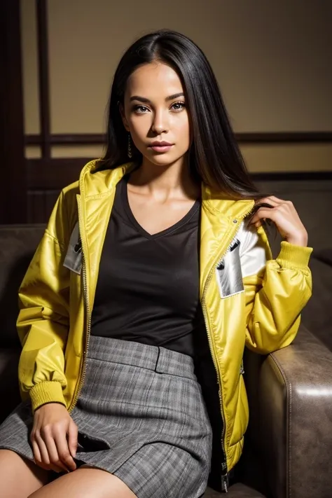 arafed woman sitting on a chair wearing a yellow jacket and a gray skirt., additional details, additional detail, extra sharp, e...