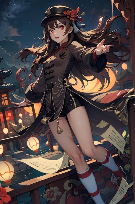 1 girl solo, brown jacket, long brown hair, red eyes, brown hat with red flowers, in a small medieval chinese town, old chinese buildings, chinese temple, ((at night, lots of paper lanterns glowing))