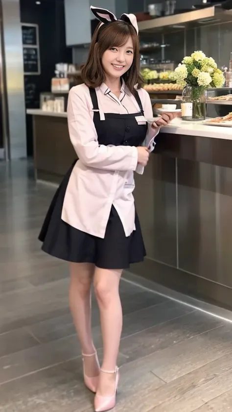 A bunny girl in a light pink maid outfit working at a maid cafe:1.5，The best smile:1.5，Full Body Shot:1.5，Gray background:1.5，Wearing black high heels:1.5，Brown hair, short cut, side wavy:1.5，Squat:1.5