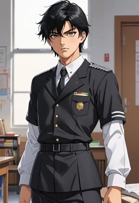 A highschool boy, handsome, perfect body, black hair, short hair, mullet, black eyes, upturned eyes, expressionless, black highschool uniform, anime, first-person view, masterpiece, anatomically correct, high details, highres, best quality, super detail, 1...