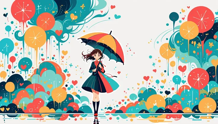 Black Star Red and White Style, Simple line initials，Abstract art，Urban Background, Colorful Hearts ,(((The most beautiful girl of all time))), (((Little))), Walk with a cute amoeba. rain, Put up an umbrella