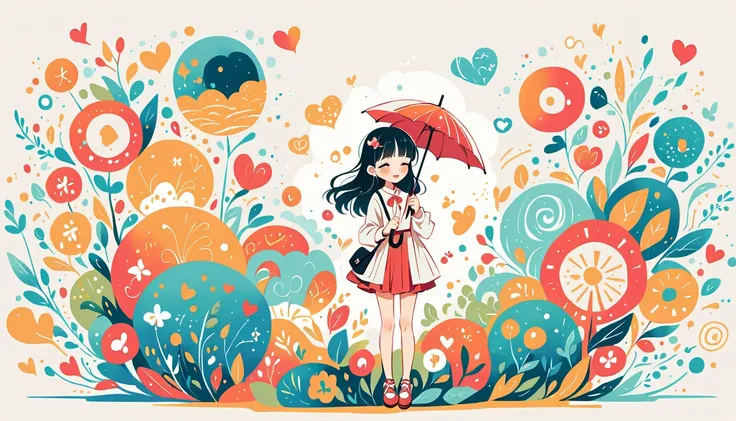 Black Star Red and White Style, Simple line initials，Abstract art，Urban Background, Colorful Hearts ,(((The most beautiful girl of all time))), (((Little))), Walk with a cute amoeba. rain, Put up an umbrella