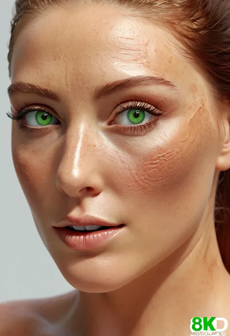 a 1 woman who loeking in to the camera , long brown hear, green eyes, 8K Ultra HD, masterpiece, 3D rendering,(high resolution detail of human skin texture : 1.5)