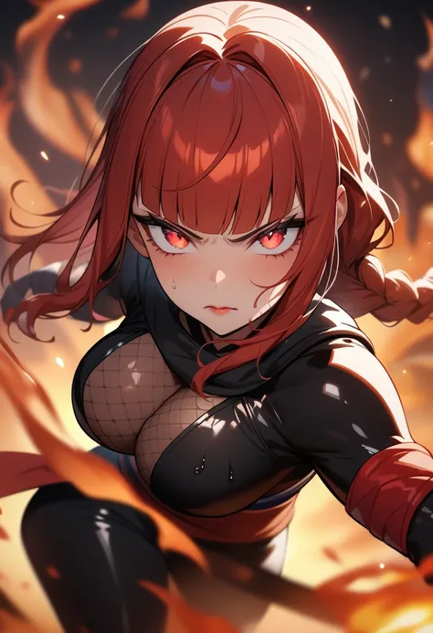 1girl,solo,super detailed skin,shiny skin,wet oily skin,serious face,lips gloss,eyelashes,glowing red eyes,red hair,blunt bangs,sidelocks,a braid,large breasts,body suit,Shinobi clothes,fishnet,standing ,simple background  ,fire magically ,fighting stance,...