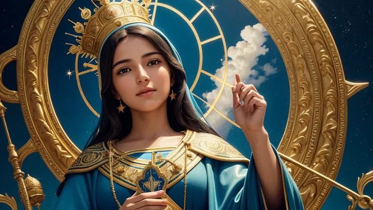 "Create an image of Our Lady of Aparecida, patron saint of Brazil, in a realistic style, with a serene and welcoming expression. She should be dressed in a blue and gold mantle, decorated with stars and detailed embroidery. The image should have a golden c...