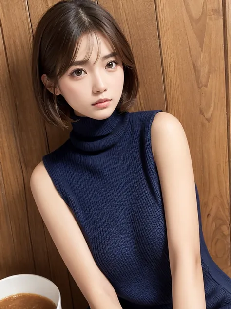 (Highest quality、Tabletop、8K、Best image quality、Award-winning works)、(18 year old girl:1.)、(Perfect Sleeveless Turtleneck Knit Sweater Dress、Random  i:1.4)、(short hair:1.1)、(Very young girl&#39;Face:1.1)、Look at me with your best smile、(Huge breasts:1.5)、E...