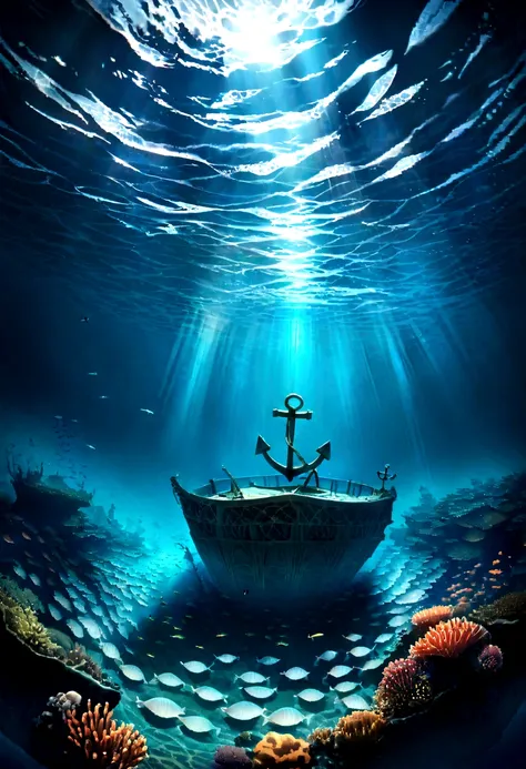 (((Indicates an anchor stuck at the bottom of the deep sea floor))) Shaft of sunlight penetrating the surface of the sea, Illuminate the world hidden below, Create captivating underwater scenes. Vertical panorama, Ultra-wide angle view. Ultra-high resoluti...