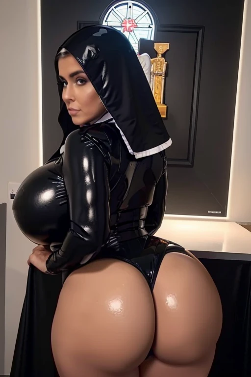 (HD)(detailed)(artwork)(symmetrical)(correct and well-defined body parts)(big booty) Slut milf. Baby milf. short hair. Huge oversize tits. Wide hips. thick thighs. Catholic Nun rubber uniforme.