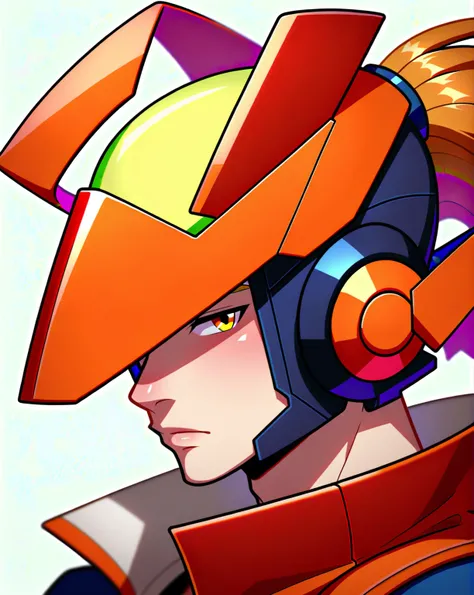 1in kinu-sensei artstyle, Kinu Nishimura style, muted pastel colors, 1boy, solo, hardboiled, reploid, In this detailed image, we see a Reploid character from the "Mega Man X" series, specifically with the design from "Mega Man X8." The Reploid features a f...