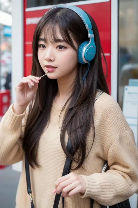 beautiful girl　headphone　ramen