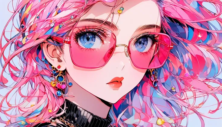 Rainbow Style, One Girl, alone, Long Hair, Big round sunglasses on your head, View your audience, Glowing Eyes Background, jewelry, Mouth closed, Happy, Jacket, Upper Body, Pink Hair, Earrings, Pink Eyes, necklace, From the side, sweater, lips, eyelash, Co...