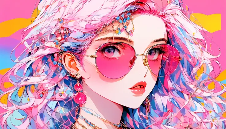 Rainbow Style, One Girl, alone, Long Hair, Big round sunglasses on your head, View your audience, Glowing Eyes Background, jewelry, Mouth closed, Happy, Jacket, Upper Body, Pink Hair, Earrings, Pink Eyes, necklace, From the side, sweater, lips, eyelash, Co...