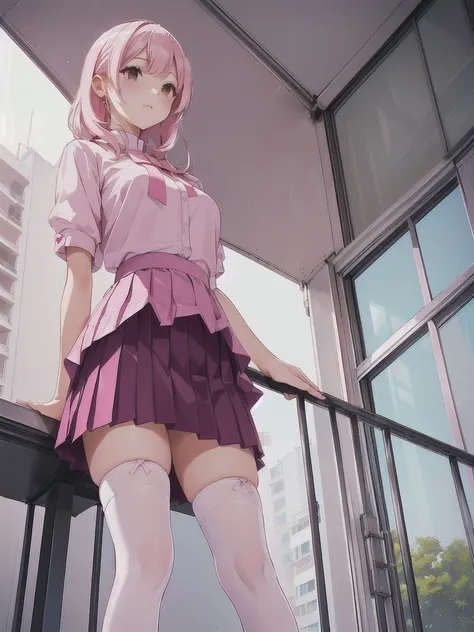 there is a woman standing on a balcony with a pink top, taken with canon eos 5 d, taken with a canon eos 5 d, taken with a canon eos 5d, thighhighs and skirt, pink tight mini-skirt, pink mini-skirt, wearing skirt, mini-skirt, anime girl in real life, very ...