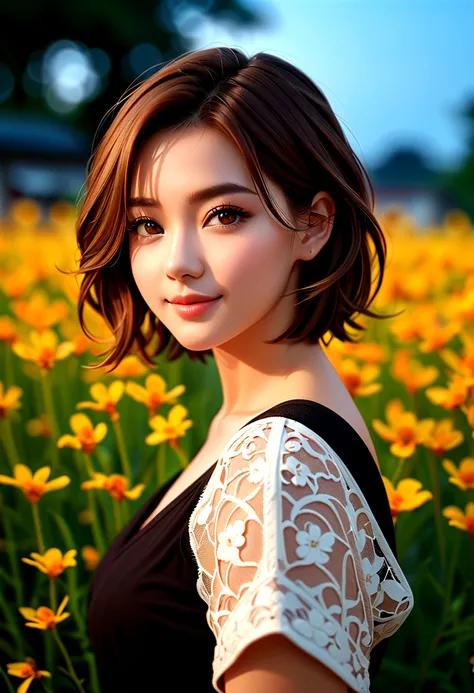 night, Original Photography, (((Very beautiful portrait))), (Very beautiful portrait))), 1 girl, Sexy 25 year old girl, ((Natural brown short hair)), [Brown eyes],Smiling tenderly and gazing at the camera(cleveage), ((masterpiece, best quality, Ultra Detai...