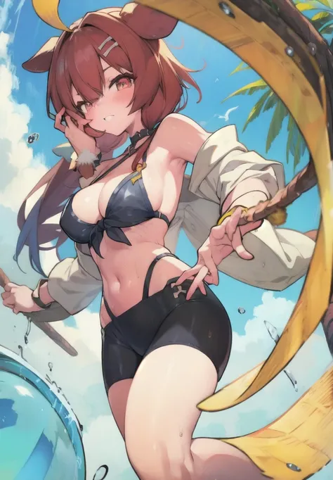 1.5),(girl),(Dynamic pose),Brown Hair,(Vermilion eyes),(first round),Big Breasts,Swimwear