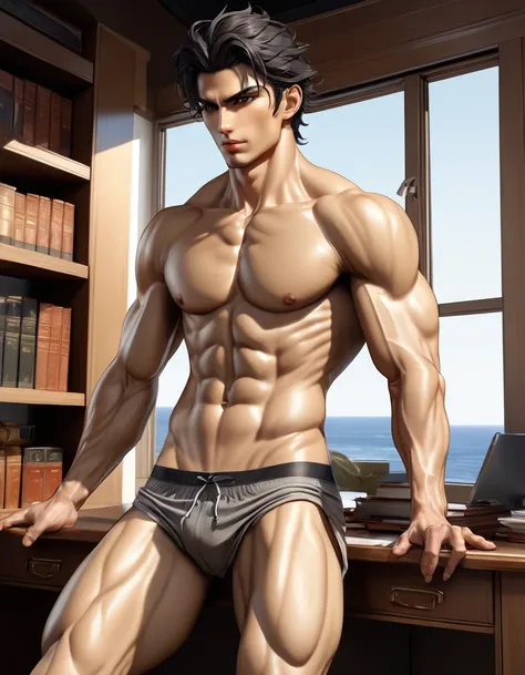 in hentai+ yaoi+anime style (( NAKED fullbody)) hd, 8k resolution, FULLBODY, 16k resolution, hd, fullbody, ((view from the front)) A young man, ((perfect erected curved detailed penis)) latino, cinnmon skin, thin face, straight nose, thin lips, square chin...