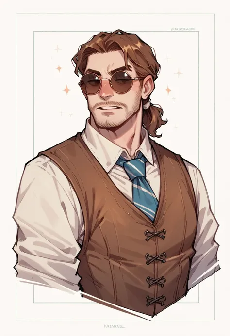 wizard male , brown vest ,tie , white tied hair ,medieval clothing ,round sunglasses