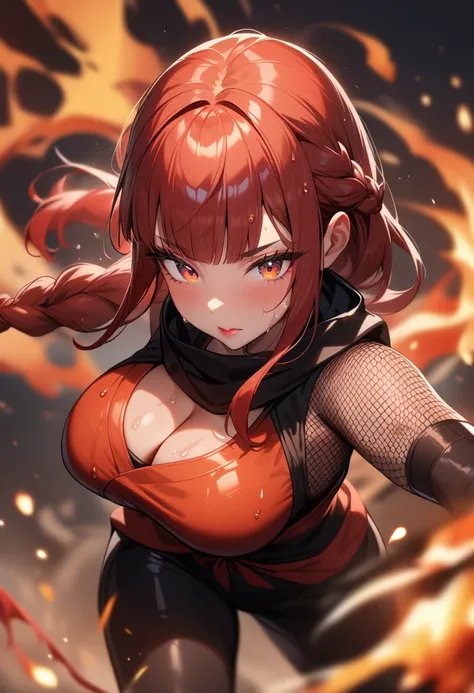 1girl,solo,super detailed skin,shiny skin,wet oily skin,natural face,lips gloss,eyelashes,glowing red eyes,red hair,blunt bangs,sidelocks,a braid,large breasts,body suit,Shinobi clothes,fishnet,cleavage cutout, ,simple background  ,fire magically ,fighting...