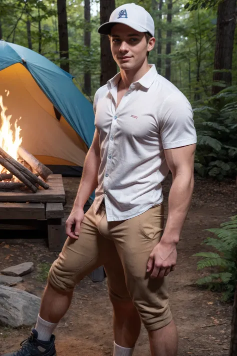 1boy, (Blue Eyes), happy smile,American boy,18 years old,young, thick body, slender, sport body build, child-like,White Teenage boy ,campground and tent in a forest, (standing next to a campfire), BrandonEvans, ((beige button-up shirt)), (baseball cap), (w...