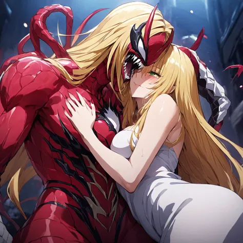 ((Highest quality)), ((masterpiece)), (detailed), （Perfect Face）、The Venom woman is Tearju, a green-eyed, blonde, medium-long-haired female Venom who has completely transformed into Venom and is wearing a red Venom suit that fits her entire body, including...