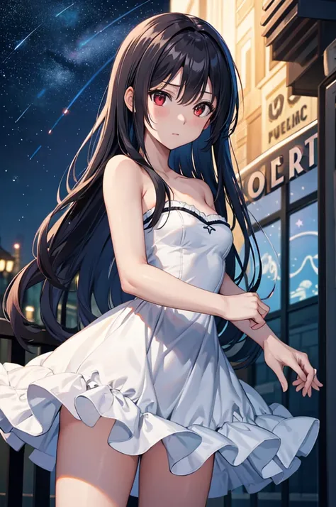 (masterpiece:1.3), (best quality:1.1), (8k, ultra detailed, ultra high res:1.3), anime style, perfect 5 fingers, perfect anatomy, (Strapless dress:1.2), white dress, arm behind back, 
1girl, small breasts, long hair, wavy hair, white hair, BREAK red eyes, ...