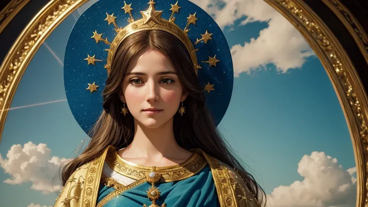 "Create an image of Mary, mother of Jesus, in a realistic style, with a serene and welcoming expression. She should be dressed in a blue and gold cloak, decorated with stars and detailed embroidery. The image should have a golden crown on her head, with de...