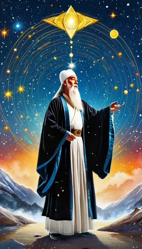 oriental fortune teller，the old immortal on the top of the stars，elders，white beard and long white eyebrows，wear an official hat...