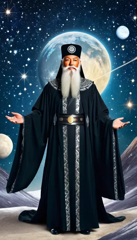 Oriental Fortune Teller，The old immortal on the top of the stars，Elders，White beard and long white eyebrows，Wear an official hat，Kongming Hat，Black loose hanfu robe，Looking at the stars，Galaxy Tai Chi Bagua Diagram，artistic conception，large quantities of，R...