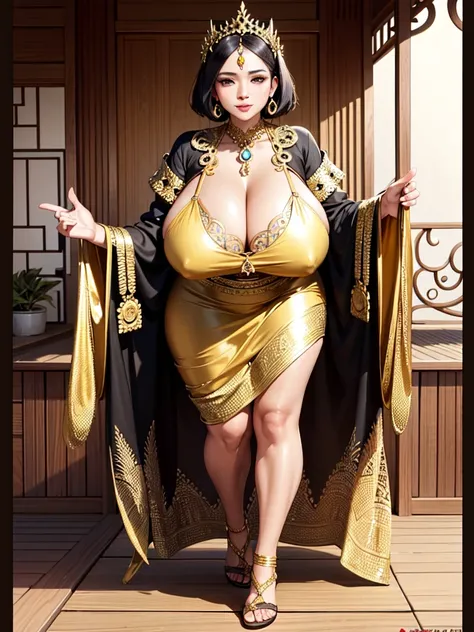 Stunning Beauty Voluptuous Javanese Wife, kind smile, Photorealistic portrait, very huge chest, wearing long soft silk batik abaya and wooden sandals, simple accessories of gold and jewelry, black short hair, brown skin, luxurious Javanese mansion in backg...