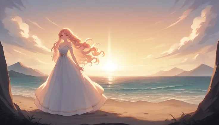 A beautiful anime girl standing on a beach during sunrise, the sky painted in gold and pink hues. She has long, flowing hair and bright, expressive eyes filled with love and determination. She wears a light, flowing dress that moves gently with the breeze,...