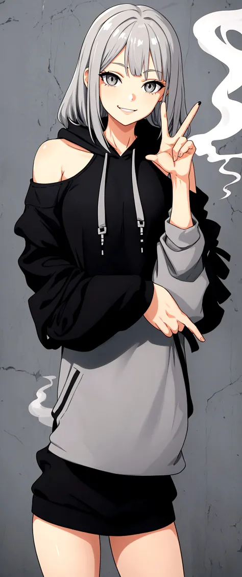 1girl, sarcastic smile, eyebags, gray-colored eyes, messy shoulder-length gray hair, wearing black hoodie, holding up a peace sign on her left hand whilst holding a cigarette on her right hand