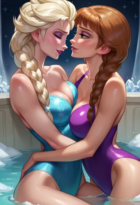 score_9, score_8_up, score_8_up, source_cartoon, detailed soft lighting, 2girls, (Elsa from Frozen, blonde hair, braids, sparkly ice blue swimsuit:1.6), (Anna from Frozen, brown hair, braided pigtails, purple swimsuit:1.4), yuri, girlfriends, lovers, cleav...