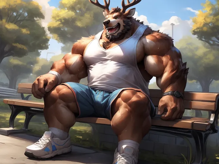 lindong, lucusold, a man with a huge muscle, furry deer wearing shorts and tank top, shoes, holding mineral water, sweat, brown furr, sitting in bench, park, ((muscular, sixpack)), happy, laugh, bearded , thicc, lowres, giant and muscular, danbooru and art...