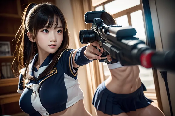 /imagine prompt: A photographic style of a high school girl aiming a machine gun forward, wearing only a sailor suit ribbon. Her pose is confident and seductive, with a slight smirk. The background is a dimly lit room, with shadows enhancing her figure. Th...