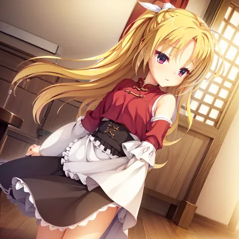 A small girl, seductive, ((forehead to show)), attractive, sexy eyes, red coat, blonde hair, delicate, young, long hair, detailed face, high definition, full body, chinese maid outfit, poker face, cafe, hands behind back