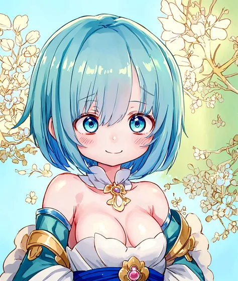 ,Baby Face, cute, Fantasy, ((Anime Girls)),Bright green skin、Light blue hair、、Short limbs、Big Head、Small breasts、Very detailed, ((masterpiece, Highest quality;1.3)) , An innocent smile、whole body