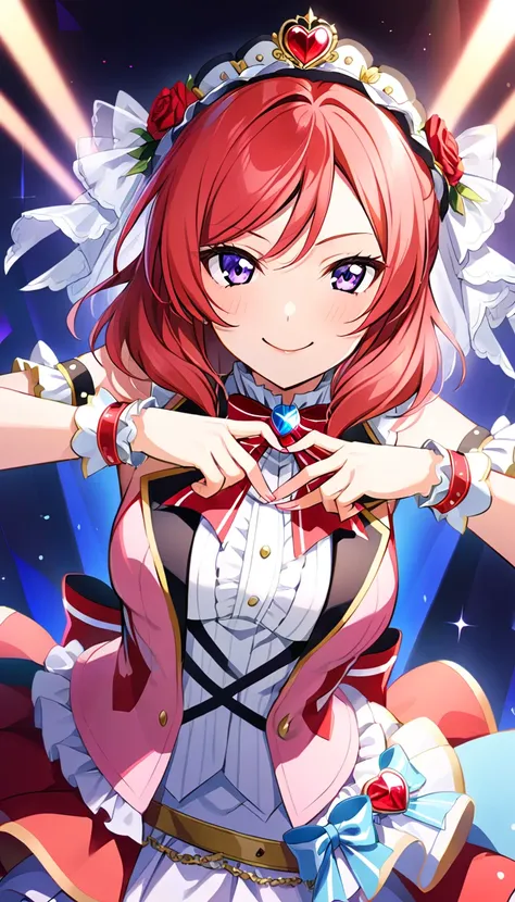 1girl, nishikino maki, upper body, idol costume, smile, id_maki_nishikino,making her heart-shaped hands