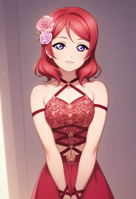 maki nishikino love live, blue eyes, red hair, purple eyes,hair flower, solo, fashion ,bare shoulders, perfect  eyes, perfect ir...