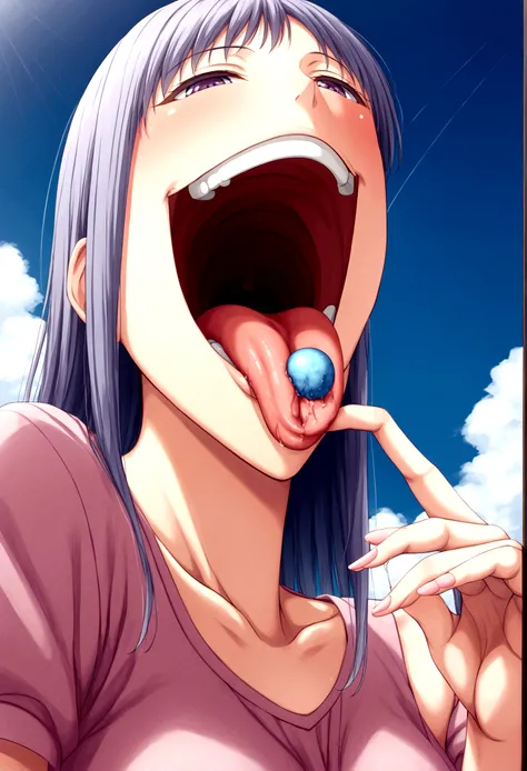 giantess artwork、woman、mouth、mouth内が見える、Teeth are visible、Sticking out tongue、Licking a little person、Giant girl illustration、