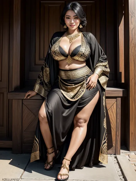 Stunning Beauty Voluptuous Javanese Wife, kind smile, Photorealistic portrait, very huge chest, wearing long soft silk batik abaya and wooden sandals, simple accessories of gold and jewelry, black short hair, brown skin, luxurious Javanese mansion in backg...