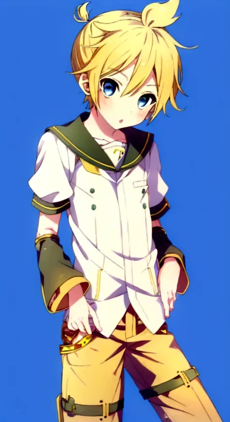 one boy, (Kagamine Len), Vocaloid, light blue eyes, short pants, blond hair, cowboy shot, cool, handsome, cute