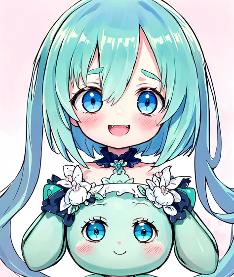 ,Baby Face, cute, evildoer, ((Anime Girls)),　Green Skin、Light blue hair、、Short limbs、Big Head、Flat chest、Very detailed, ((masterpiece, Highest quality;1.3)) , An innocent smile、laughing、whole body