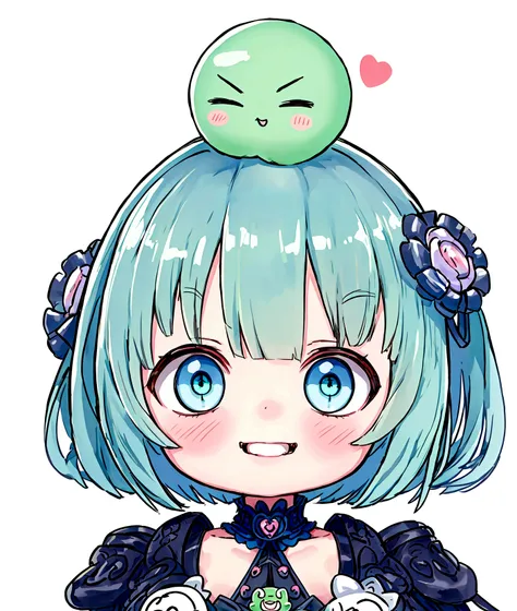 ,Baby Face, cute, evildoer, ((Anime Girls)),　Green Skin、Light blue hair、、Short limbs、Big Head、Flat chest、Very detailed, ((masterpiece, Highest quality;1.3)) , An innocent smile、laughing、whole body