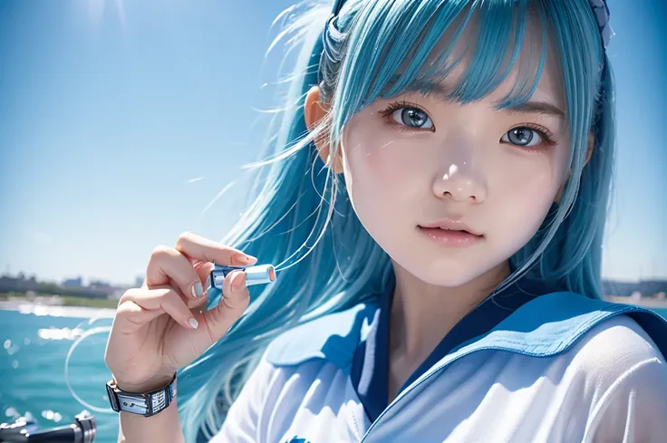 A high school girl holding a light blue gun. She has light blue hair and wears a light blue watch. She is dressed in a sailor . The background is a clear blue sky. The image is highly detailed with vibrant colors, capturing the essence of a sunny day. The ...