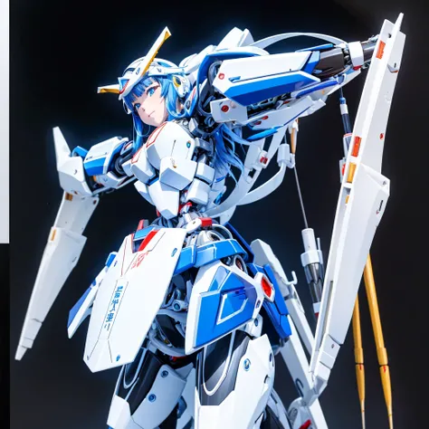 masterpiece, high quality, Heian Sumire, who has been turned into a mechanical body cyborg、Gynoid cyborg body modification surgery、Blue and white leotard armor、独奏、Single image、from front, full body、Mechabare、Sexual processing type mechanized genitals、Black...