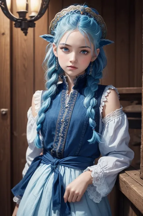 Old realistic paint art, a woman with light blue skin, round face and innocent features, indigo blue hair, long and loose with ornaments and several small braids, light blue eyes, wearing a dark blue vest with lace designs, and mermaid ears like a fish on ...