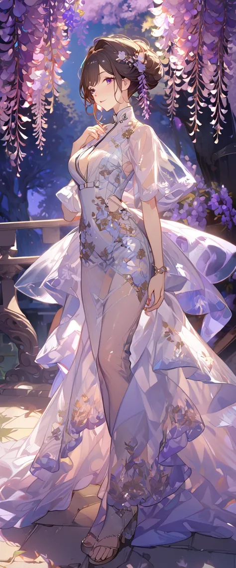 wisteria flower, wisteria tree, wisteria background, 8k ,4k , best quality, high quality, masterpiece, transparent clothes, embroidery  clothes, big chest, all kind of hairstyle, inspired by Asukaziye artist : ask, art style : ask