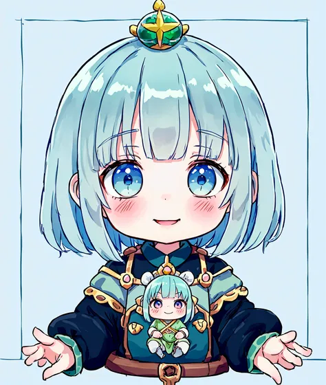 Little Dwarf Girl,Baby Face, ((Anime Girls)),　Green Skin、Light blue hair、、Short limbs、Big Head、Flat chest、Very detailed, ((masterpiece, Highest quality;1.3)) , An innocent smile、laughing、whole body